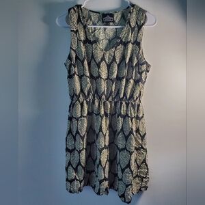 Angie Cream Colored Leaf Stretchy Waistband Sun Dress